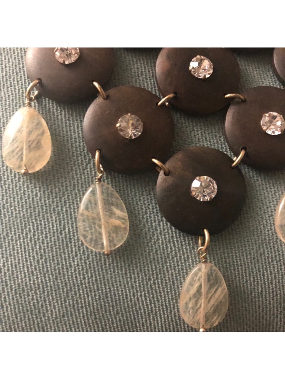 Stella & Dot Brown Wood Disc Necklace with Satin Tie Ribbon Clear Teardrops